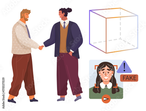 Two professionals shaking hands, 3D cube signifying transparency, deepfake warning highlighting AI risks. Ideal for collaboration, technology, trust, ethics, digital trends, AI warnings innovation