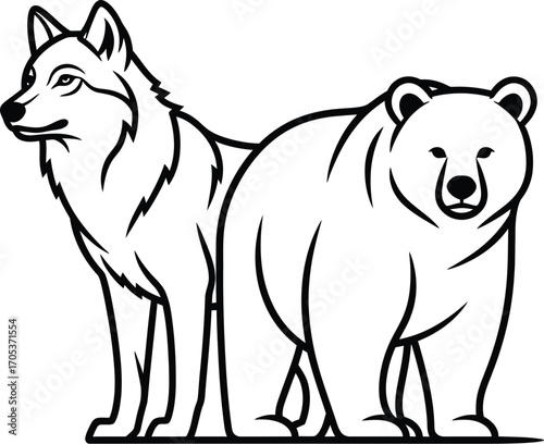 Illustration of a bear and a wolf standing side by side, symbolizing strength and wilderness