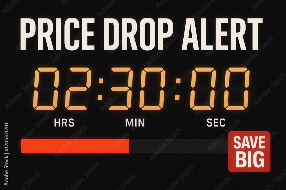 Fototapeta premium Price Drop Alert countdown timer with SAVE BIG promo, modern digital style, urgent retail discount offer.