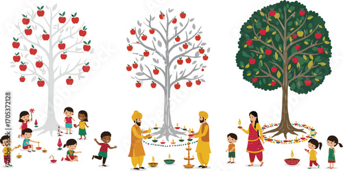 Diwali celebration with children and family under apple trees, lighting diyas, Indian festive tradition, cultural event, festival of lights