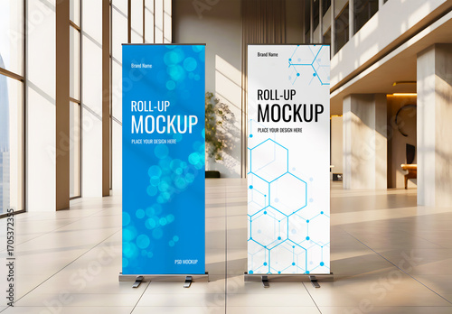 Two Roll Up Banner Mockups in Modern Lobby