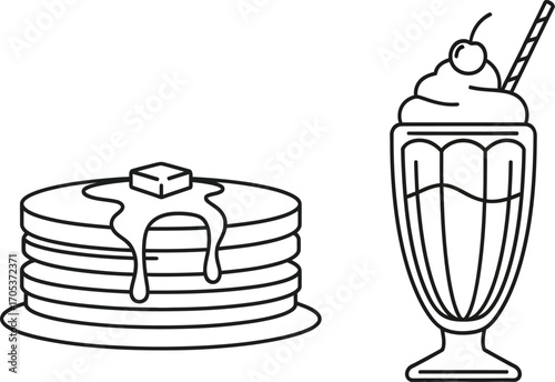 Pancakes with butter and a milkshake are sweet breakfast food and drink in outline style