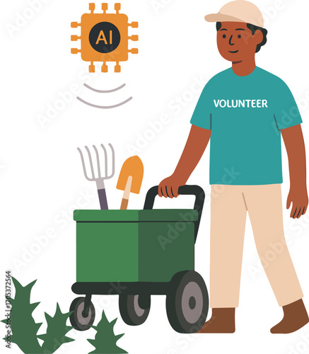 Volunteer guiding an autonomous green-maintenance cart manually around a thorn patch Illustration
