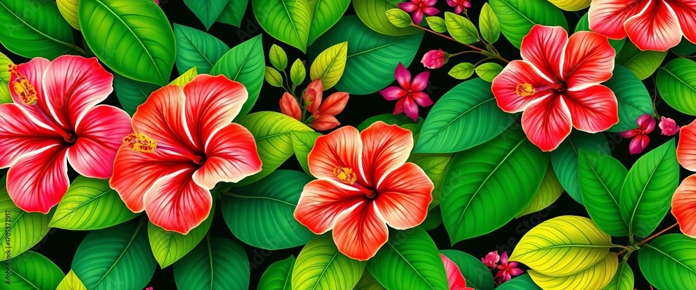 custom made wallpaper toronto digitalVibrant hibiscus and tropical leaves in a continuous seamless pattern, element, pattern