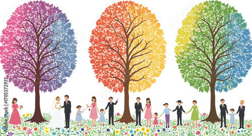 Family generations gathering outdoors, colorful seasonal trees, wedding celebration, nature unity, love and life stages, multi-generational bonding moments