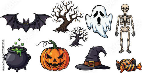 Halloween elements set collection of spooky symbols for holiday celebration, including pumpkin, bat, ghost, skeleton