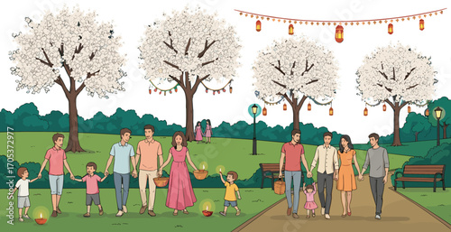 Family lantern walk in park during spring festival, cherry blossom trees, outdoor bonding, evening celebration, joyful moment, festive lights