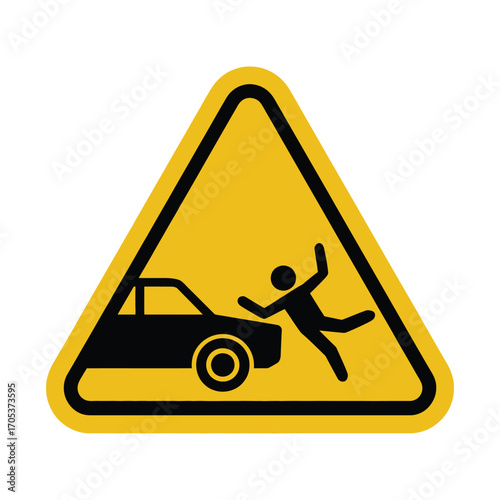 Warning sign depicting a person being struck by a car indicating a traffic hazard
