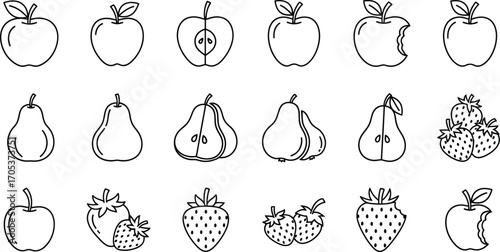 Collection of fruit icons featuring apples, pears, and strawberries for design elements