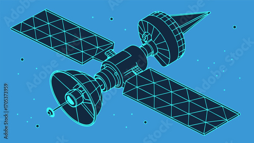 Detailed illustration of satellite featuring polygonal art style, showcasing its antennas and solar panels against dark background