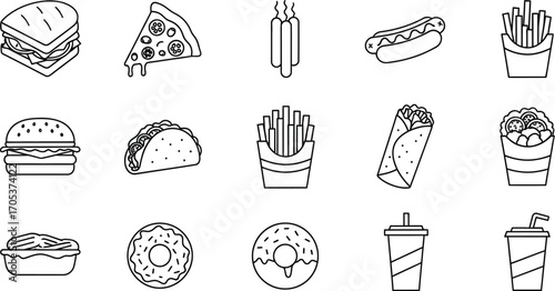 Collection of various fast food items, including sandwich, pizza, hotdog, fries, burger, taco, burrito