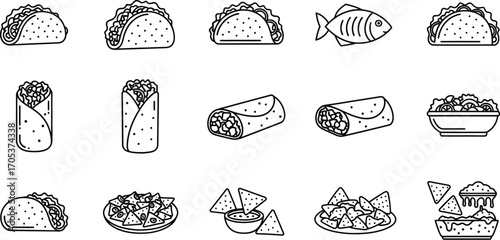 Collection of mexican food icons featuring tacos, burritos, nachos, and a fish, all in a simple line art style