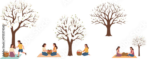Springtime picnic under blooming trees, friends and kids enjoying food and nature, relaxing outdoors with baskets, blankets, and fresh air