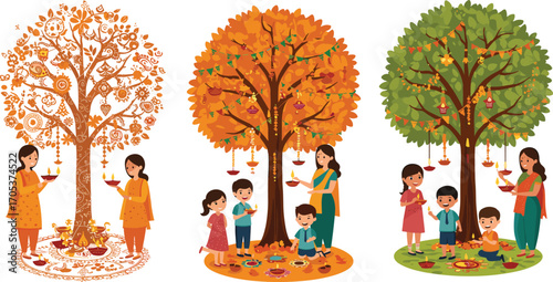 Traditional Indian festival celebration with family, decorated tree, women and children holding lamps, colorful rangoli, cultural ritual, festive joyful atmosphere