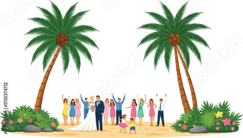 Tropical beach wedding celebration, bride and groom with family and friends, palm trees, floral decor, summer ceremony, happy moments