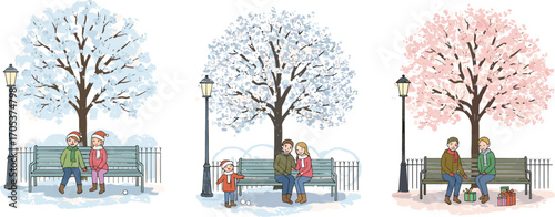 Winter and early spring couples sitting on park benches under snowy and blooming trees, romantic moments, seasonal transition, outdoor love, peaceful park scene