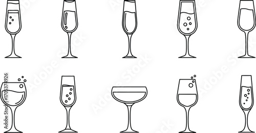 Collection of various champagne glasses with bubbles,  set of different types of sparkling wine glasses