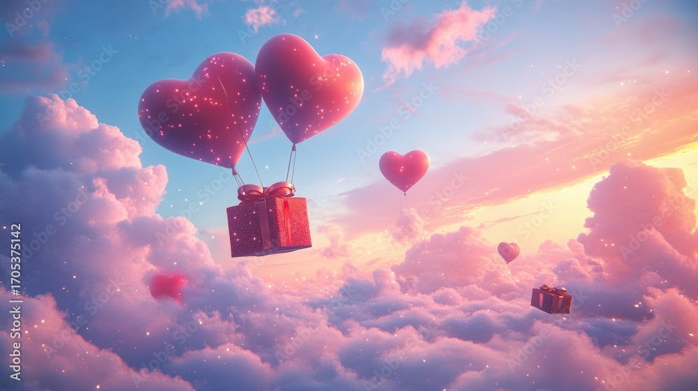 Fototapeta premium A Box flying on a parachute with pink cloud in valentine day,package flying down from sky and cloud with parachute, concept for delivery service,shopping online,air delivery service.