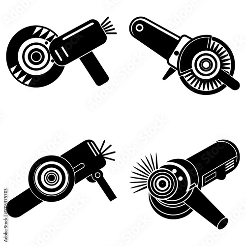 Illustration of four black and white angle grinders with different designs and shapes on a white background