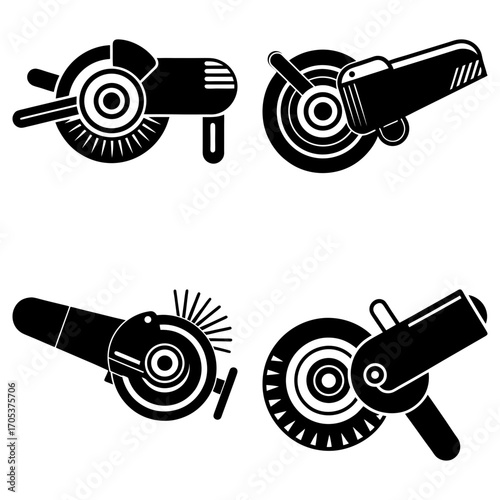 Illustration showcasing a collection of four distinct black and white angle grinders in various orientations