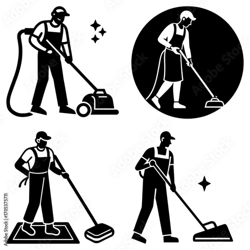 A set of black and white illustrations depicting people cleaning with various cleaning equipment and supplies
