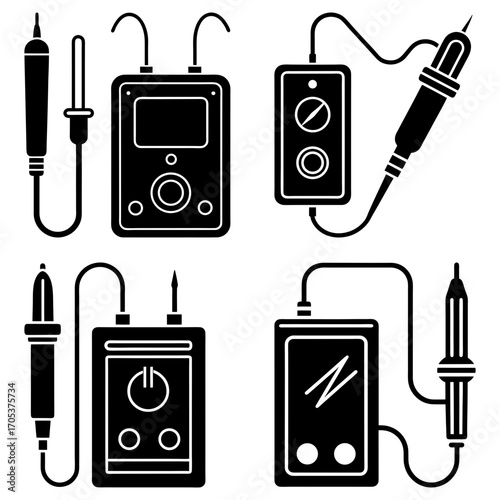 Illustration showing four different types of soldering irons and testing devices in a black and white style