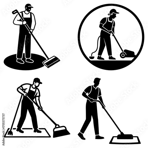 Four illustrations of men cleaning with various tools like brooms mops and vacuum cleaners in black and white