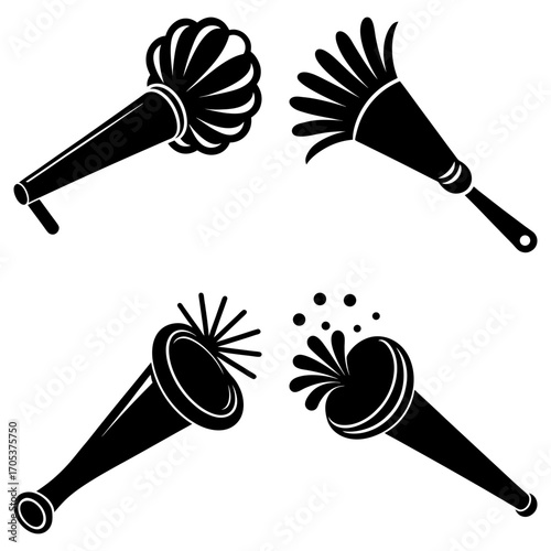 A collection of four stylized black and white images of party horns in various designs and orientations