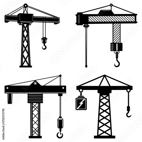 Four construction cranes in black silhouette each with a unique design and different load types shown clearly
