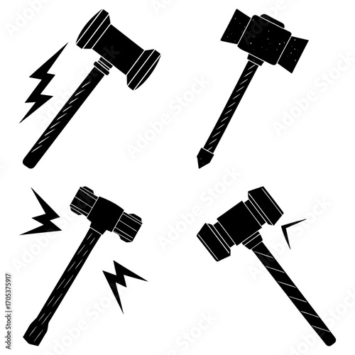 Four black hammers in different styles with impact symbols scattered across a white background design graphic