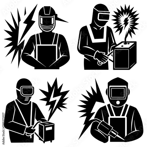 Four monochrome illustrations depicting welders with protective gear and welding sparks in black and white