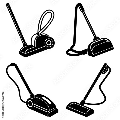 Four black and white vacuum cleaner illustrations with different styles and hose configurations shown