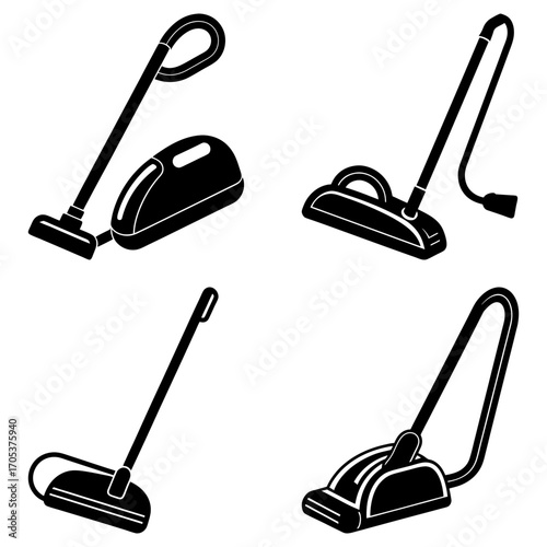 Four different vacuum cleaner designs in black and white showcasing cleaning appliances and equipment types
