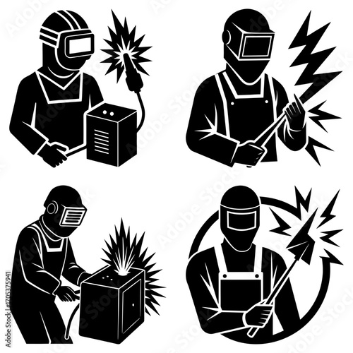 Illustrations showing welders in protective gear performing welding operations with bright sparks flying around
