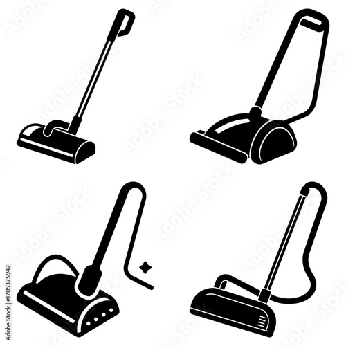 Illustration showing four different designs of vacuum cleaners in a monochrome black and white style