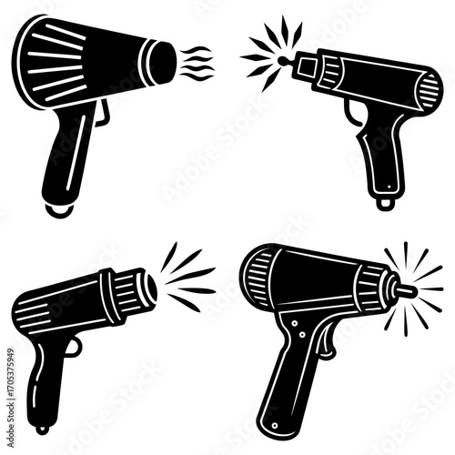 Four black and white illustrations of heat guns with varying nozzle types and heat output shown visually