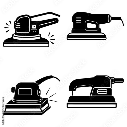 Illustration showing four different types of electric sanders in black and white vector format image