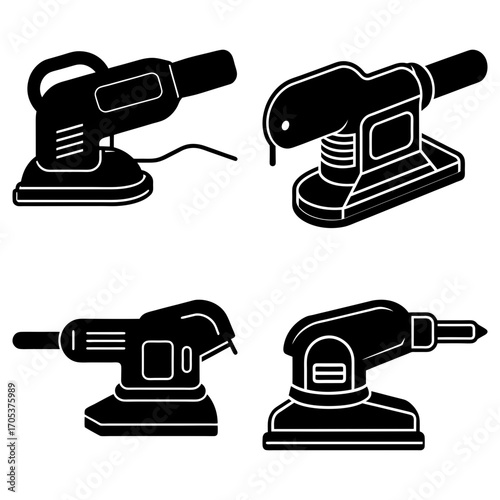 Four black and white illustrations showcasing different types of orbital sanders in a detailed view