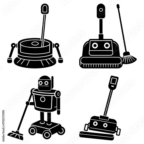 Four cleaning robots in black silhouette with different designs and cleaning tools in a white background