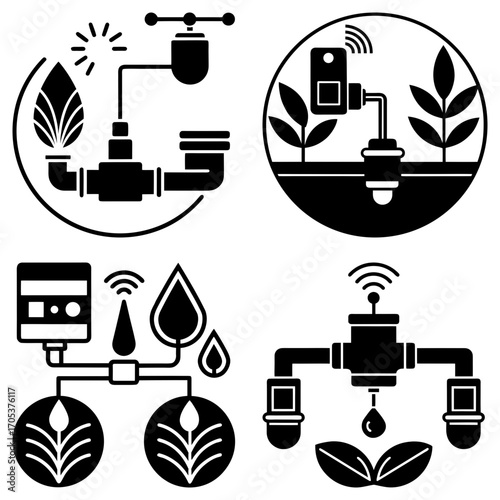 Illustration of smart irrigation systems with wireless technology and water conservation methods shown