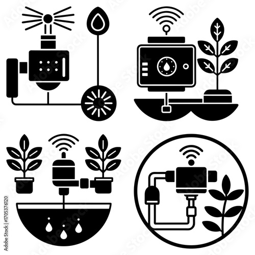 Illustration showcasing automated irrigation systems with sensors and plant cultivation setups shown clearly