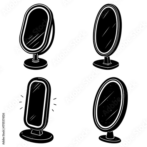 Four monochrome illustrations of standing mirrors with oval and rectangular reflective surfaces shown