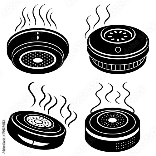 Illustration of four smoke detectors emitting smoke in a black and white vector graphic design style art