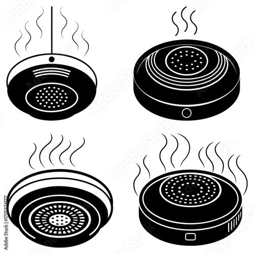 Four black smoke detectors emitting smoke in a grid pattern on a white background illustration