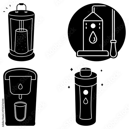 Four stylized illustrations of water filtration systems in black and white minimalist designs set together