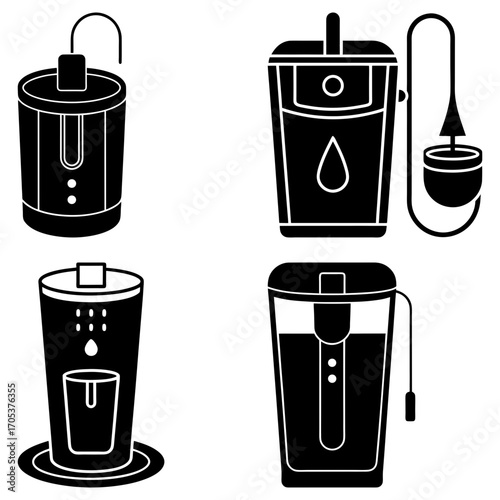 Illustration of four different water purification systems with varying designs and configurations shown in black