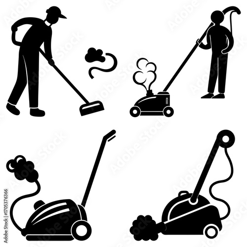 Illustration showing various cleaning equipment and a person sweeping on a white background design art