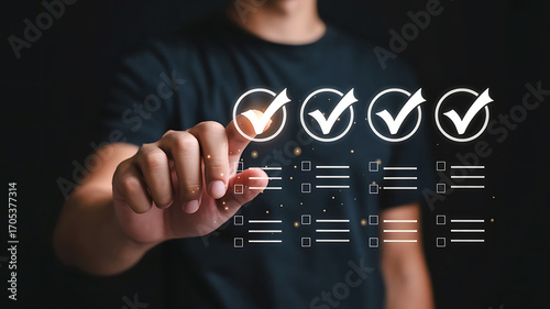 Person s hand touching a digital checklist with four completed tasks and progress indicators on a dark background