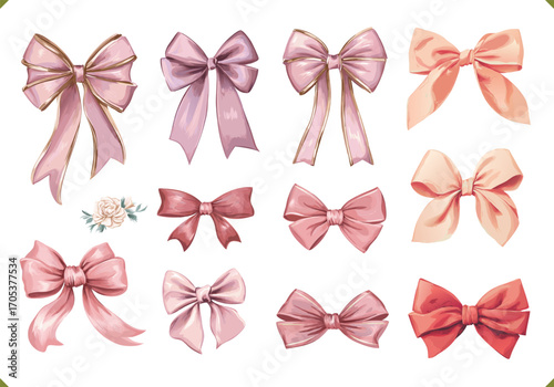 Set of vector illustration of decorative bows in pink and red shades, isolated on a white background, elegant style for celebration and decoration