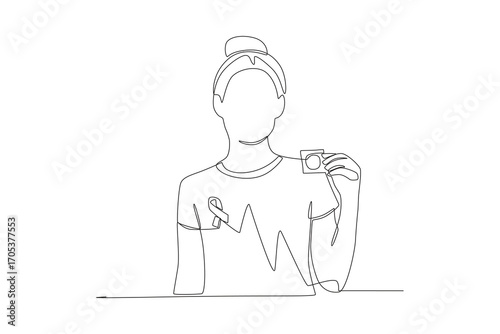 Woman holding red ribbon and condom. World aids day concept one-line drawing